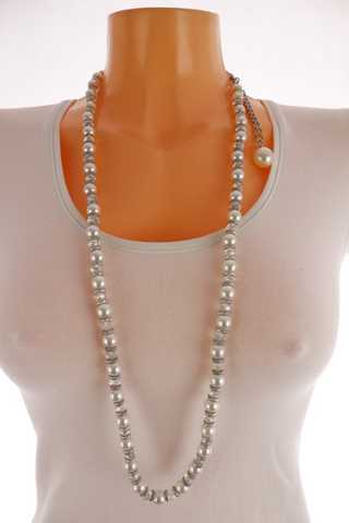 Dámský náhrdelník - dlouhé korále perličky, kov, korálky průhledné