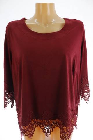 Sheego dámská halenka 44 – vínová, krajka, 3/4 rukáv